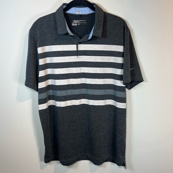 Nike Golf TR Dry Striped Polo Shirt Gray Short Sleeve DriFit Standard Fit Medium - Picture 1 of 11